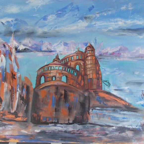 Original "Seaside Castle" acrylic 30"x24"x1.5" painting by Davila, signed - Picture 4 of 4